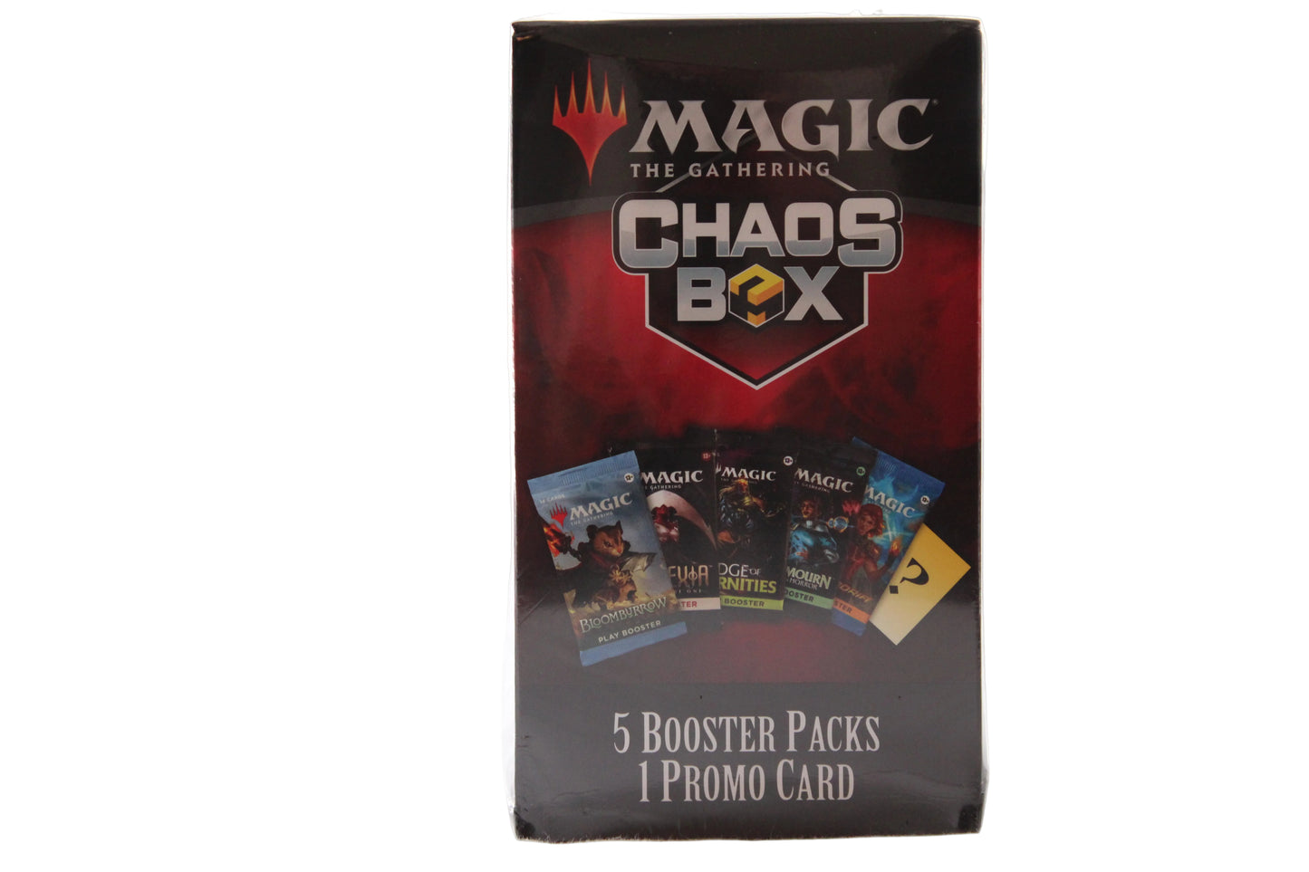 Packaging of 'Magic: The Gathering Chaos Box' with promotional text on a white background