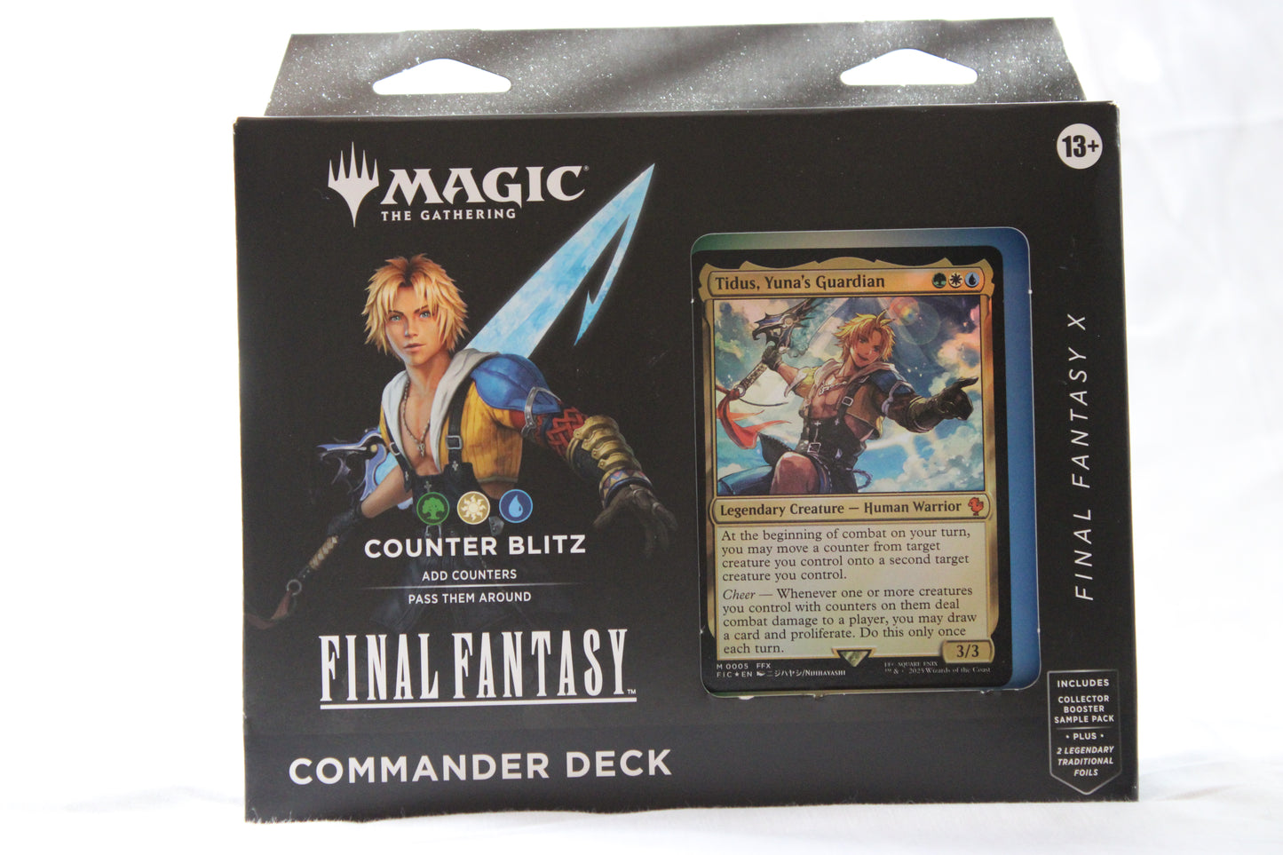 Packaged 'Magic: The Gathering' Final Fantasy Commander Deck with character illustration and card on black background