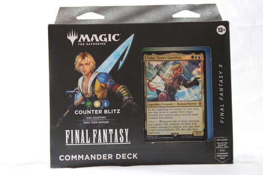 Packaged 'Magic: The Gathering' Final Fantasy Commander Deck with character illustration and card on black background
